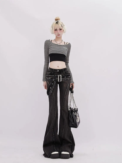 UNIKCOSA’s Retro Micro-Flare Jeans — Slim Straight Pants with Belt & Bristled Detail