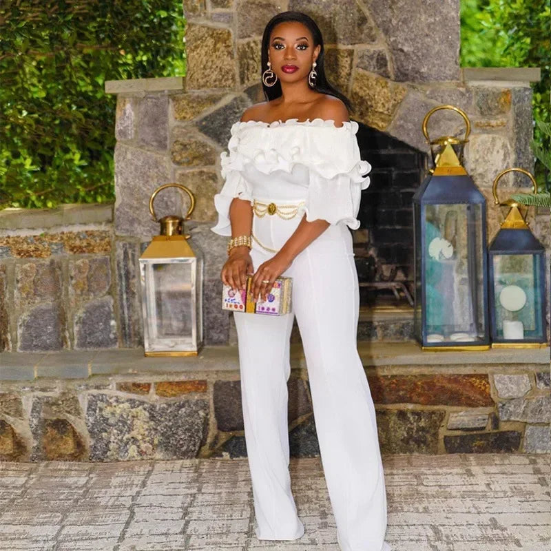 UNIKCOSA™ White Party Jumpsuit – Slash Neck Off-Shoulder High-Waist One-Piece | Women’s Irregular Elegant Playsuit
