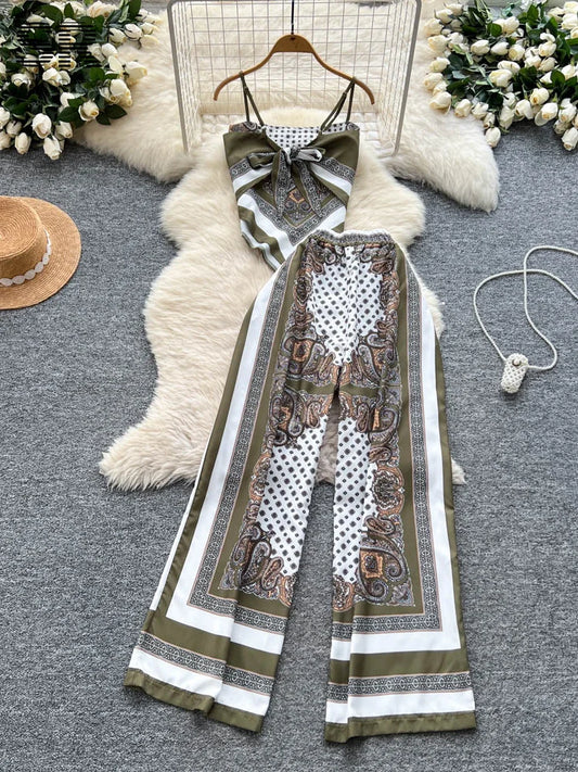 UNIKCOSA’s Vintage Ethnic Print 2-Piece Set — Strapless Backless Top + Wide-Leg Pants