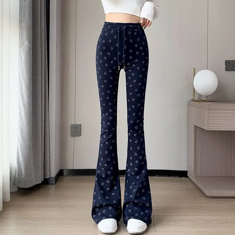 UNIKCOSA’s Retro Smile Print Pants — Wide-Leg Bell-Bottom Floor-Length Trousers