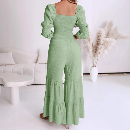 UNIKCOSA™ Summer Solid Jumpsuit – Women’s Square Neck Long-Sleeve One-Piece | High-Waist Shirred Drawstring Romper's Jumpsuits High Waist Solid One Piece Pants Summer Female Fashion Square Neck Long Sleeve Drawstring Shirred Long Rompers