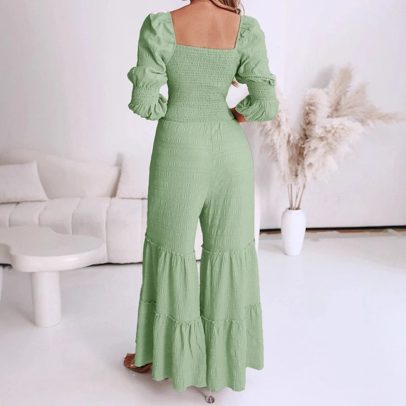 UNIKCOSA’s Elegant High-Waist Jumpsuit — Square Neck, Long Sleeve, Drawstring Shirred One-Piece