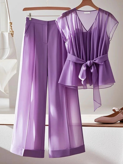 UNIKCOSA’s Summer Purple Y2K Set — Bow Lace-Up V-Neck Top + High-Waist Wide-Leg Pants