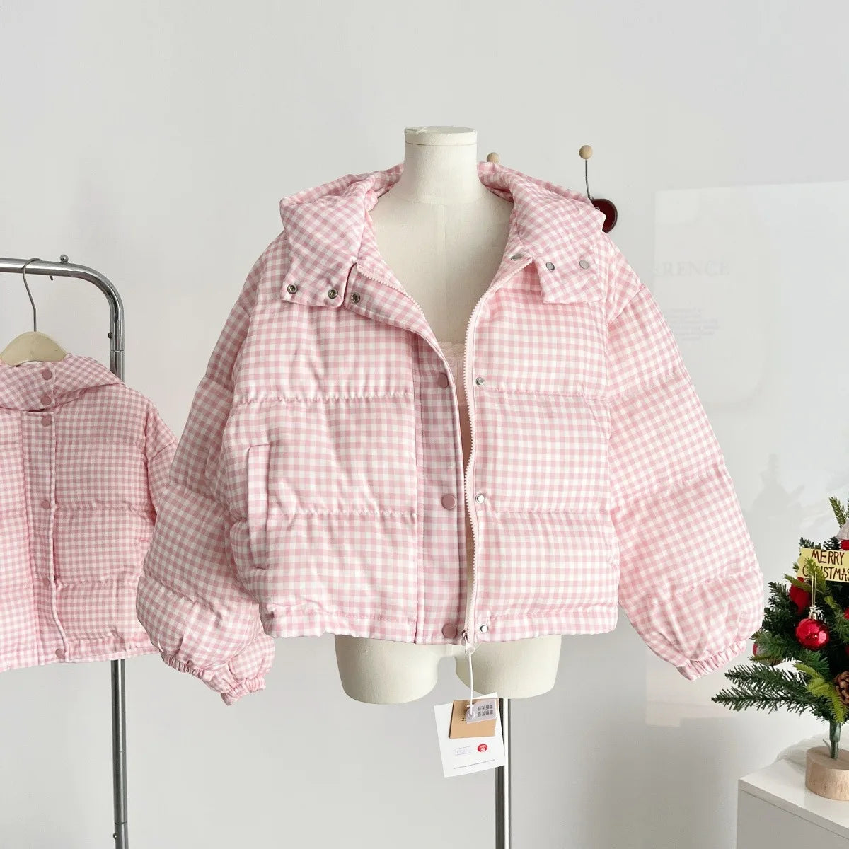 UNIKCOSA’s Lovely Pink & White Plaid Down Coat — Hooded Short Puffer Jacket