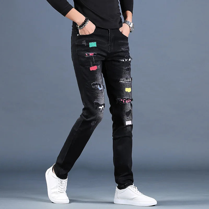 UNIKCOSA Men’s Ripped Embroidered Jeans – Slim Fit Black Patchwork Denim Casual Pants (Summer Thin Edition)