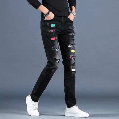 UNIKCOSA Men’s Ripped Embroidered Jeans – Slim Fit Black Patchwork Denim Casual Pants (Summer Thin Edition)
