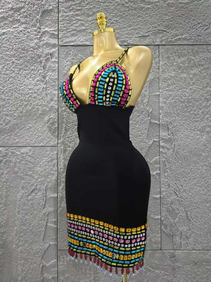 UNIKCOSA’s Crystal V-Neck Mini Dress — Black Bodycon Bandage with Colorful Sparkle