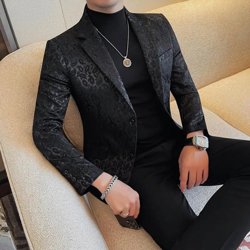 UNIKCOSA Men’s Black Floral Blazer – Slim Fit Single-Breasted Luxury Suit Jacket (Autumn/Winter Edition)