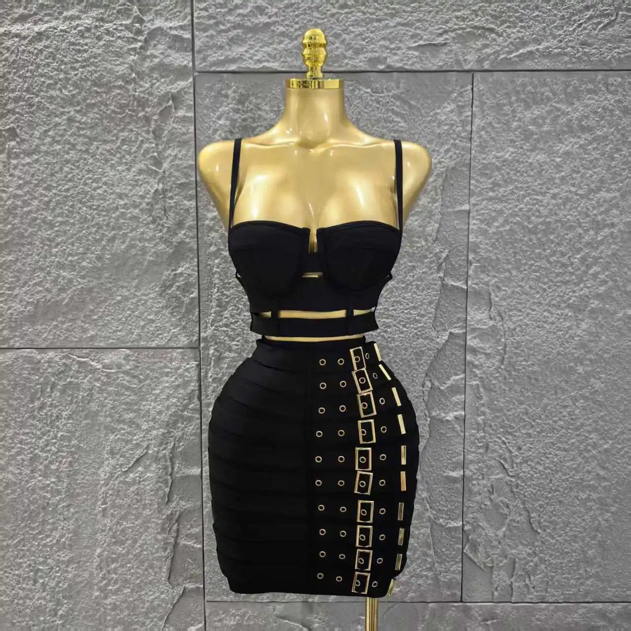 UNIKCOSA’s Black Bandage 2-Piece Set — Sexy Strap Crop Top + Bodycon Mini Skirt Nightclub Outfit
