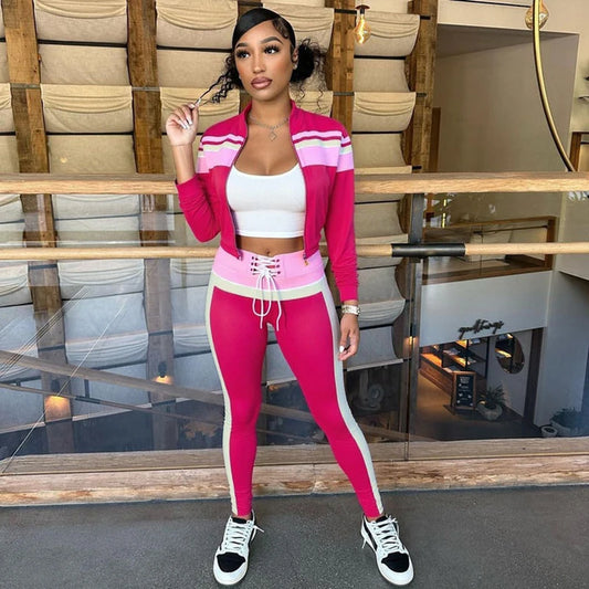 UNIKCOSA’s Color Block Tracksuit — Zipper Jacket + Pants 2-Piece Sporty Set