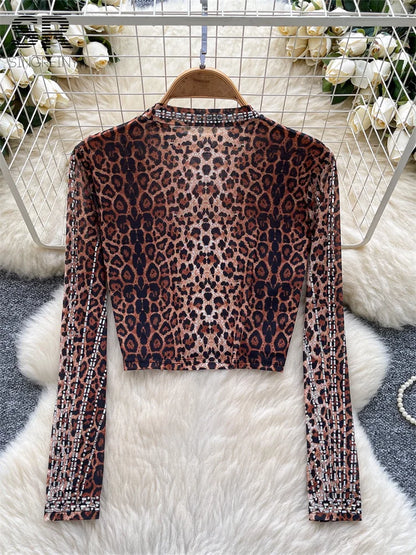 UNIKCOSA’s 2025 Beaded Mesh Crop Top — Long Sleeve O-Neck High Street Fashion Tee