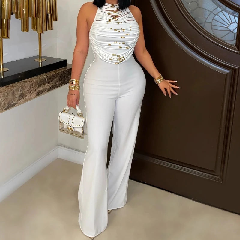 UNIKCOSA™ 2025 Beaded Halter Jumpsuit – Sexy Backless Wide-Leg One-Piece Outfit | Women’s Fitted Romper for Clubwear & Summer Parties