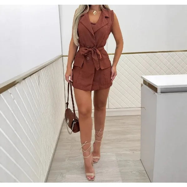UNIKCOSA™ 2025 Summer Elegant Jumpsuit – Sleeveless Notched Collar Romper with Button & Tie Detail | Women’s Casual One-Piece Outfit