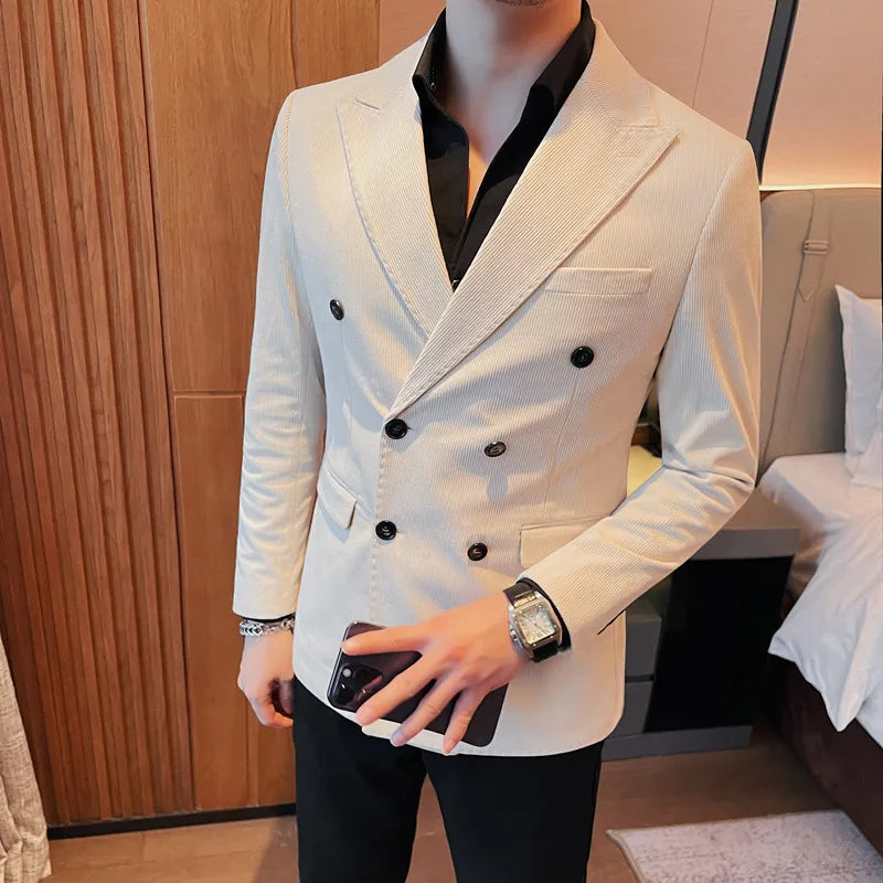 UNIKCOSA Men’s Double-Breasted Corduroy Blazer – Slim Fit Striped Suit Jacket (M–4XL)
