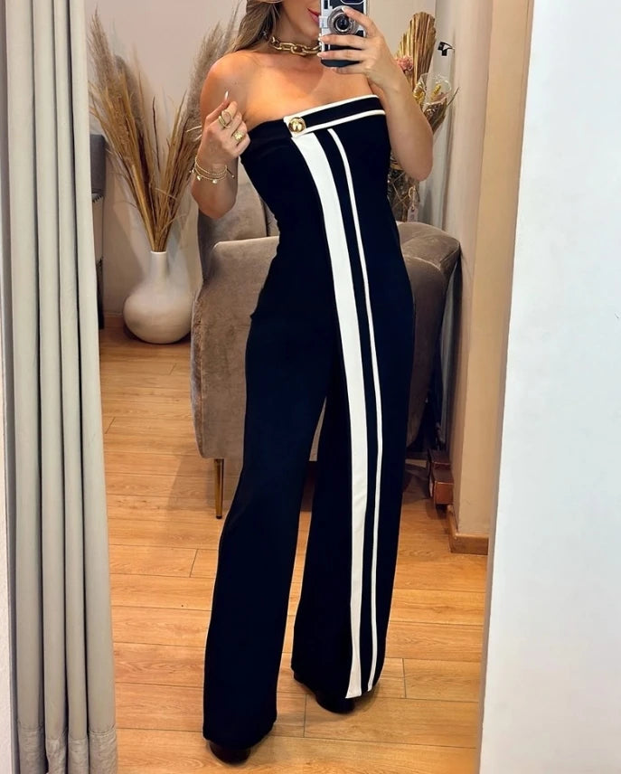 UNIKCOSA™ 2025 Fall Wide-Leg Jumpsuit – Contrast Paneled Bandeau Sleeveless One-Piece | Women’s High-Waist Button Decor Outfit