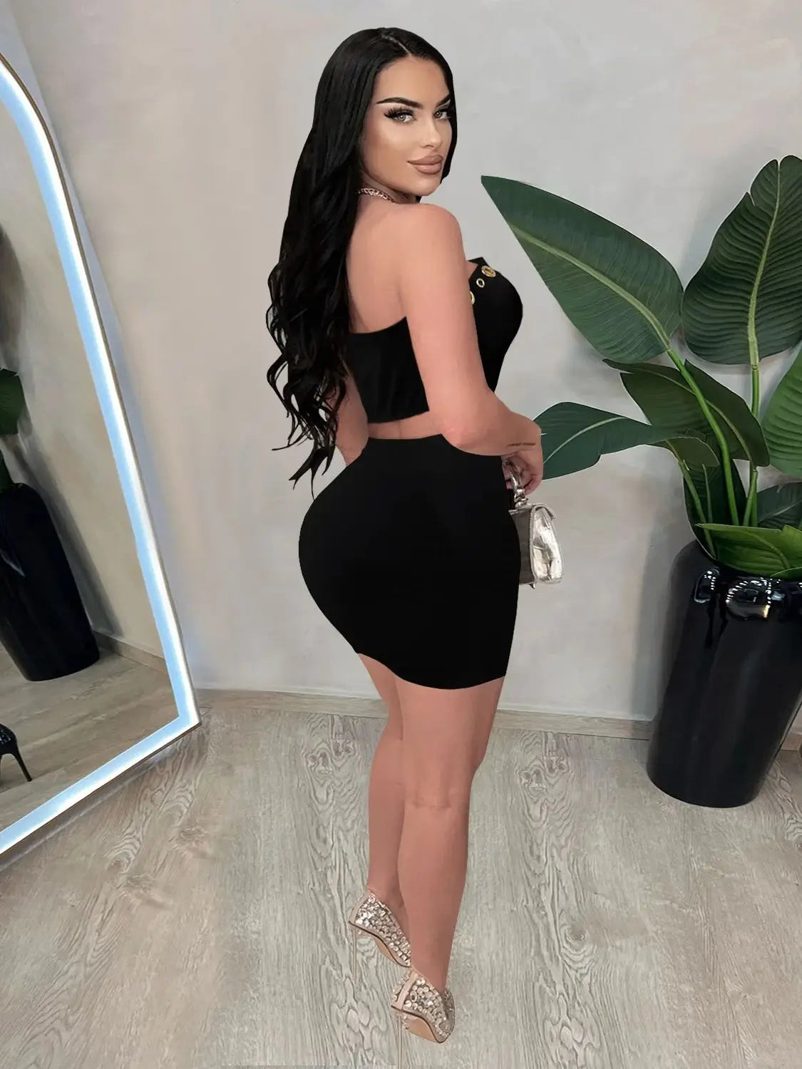 UNIKCOSA’s Irregular Y2K 2-Piece Party Set — Strapless Split Top + Peach-Hip Skirt Clubwear