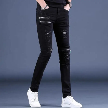 UNIKCOSA Men’s Black Skinny Jeans – Korean Style Slim Fit Streetwear with Knee Zippers & Distressed Holes