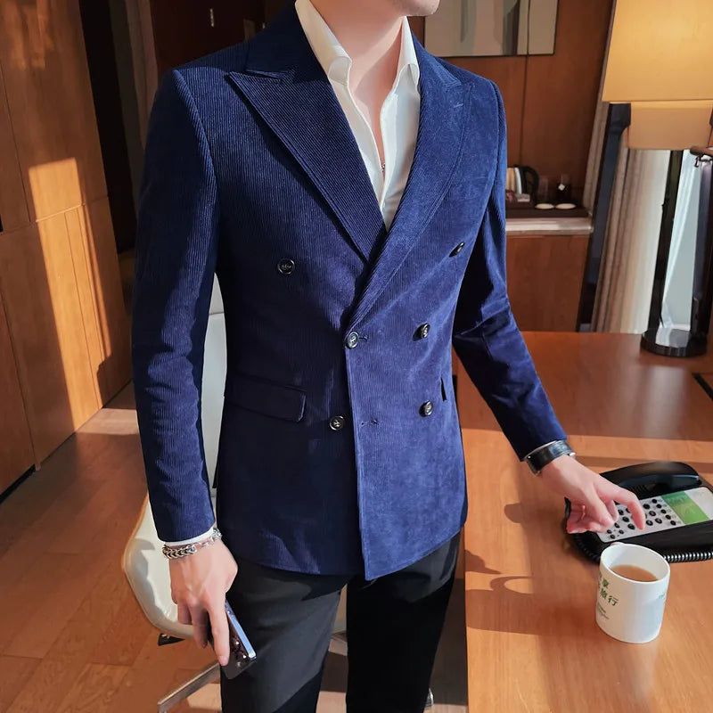 UNIKCOSA Men’s Double-Breasted Corduroy Blazer – Slim Fit Striped Suit Jacket (M–4XL)