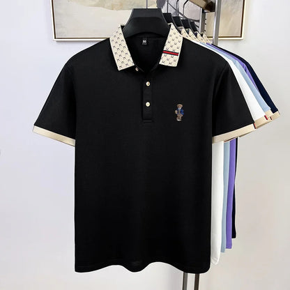 UNIKCOSA Men’s Teddy Bear Embroidered Polo – High Quality Cotton & Mulberry Silk Golf Business T-Shirt (Summer Edition)