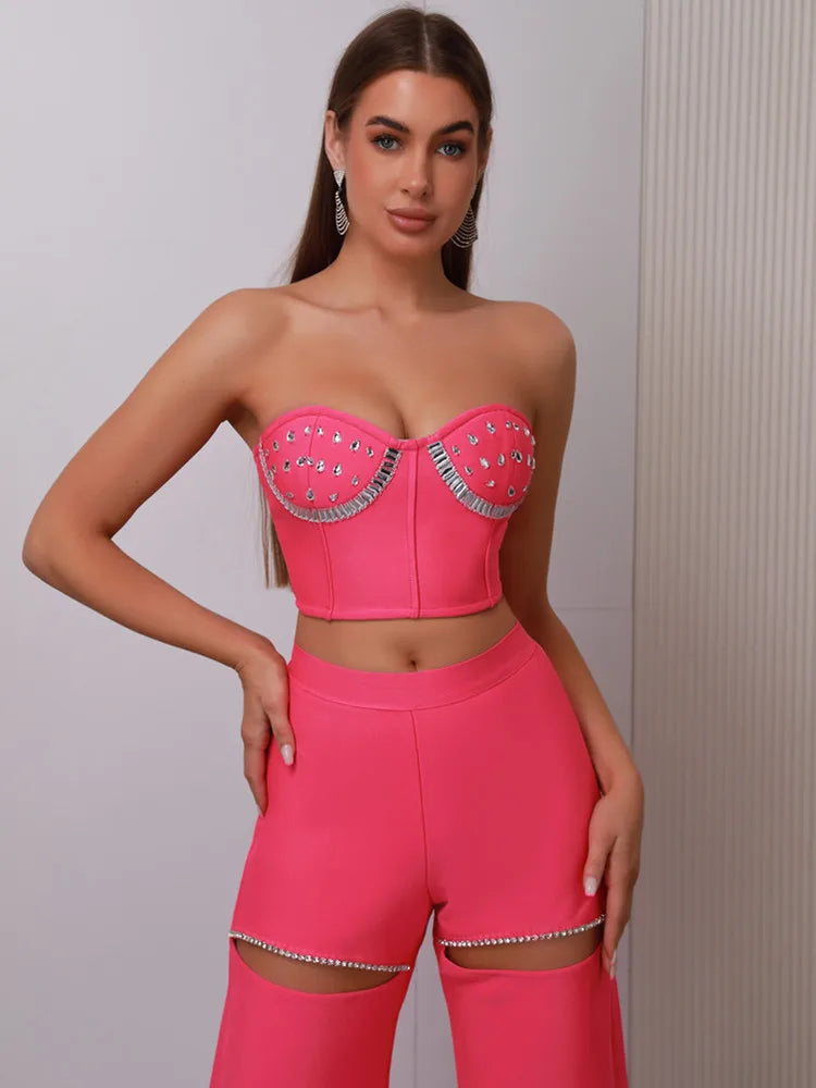 UNIKCOSA’s 2025 Pink Beaded Bandage Set — Strapless Backless Crop Top + Cut-Out Pants