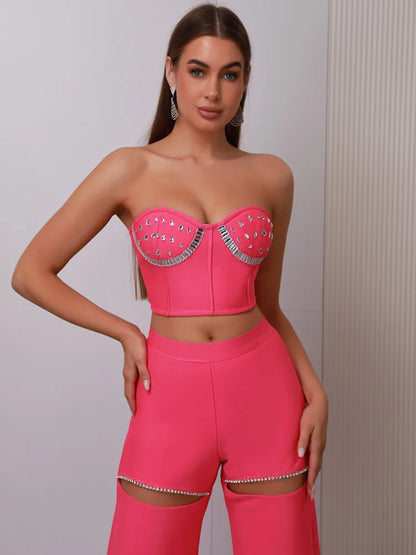 UNIKCOSA’s 2025 Pink Beaded Bandage Set — Strapless Backless Crop Top + Cut-Out Pants