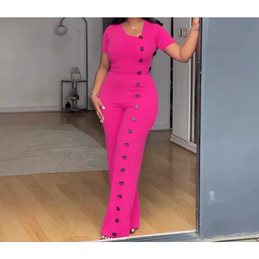 UNIKCOSA™ 2025 Summer Elegant Jumpsuit – Short Sleeve Button-Up Wide-Leg One-Piece | Women’s Solid Color Romper for Parties & Events