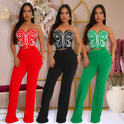 UNIKCOSA’s 2025 Strapless 2-Piece Party Set — 3D Print Crop Top + High-Waist Straight Pants