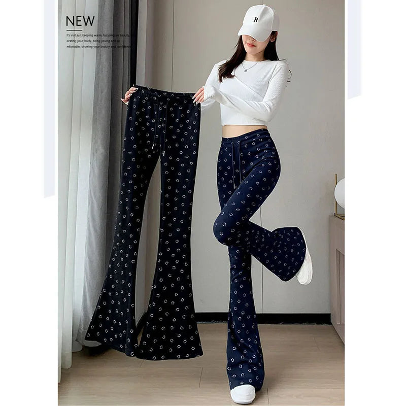 UNIKCOSA’s Retro Smile Print Pants — Wide-Leg Bell-Bottom Floor-Length Trousers