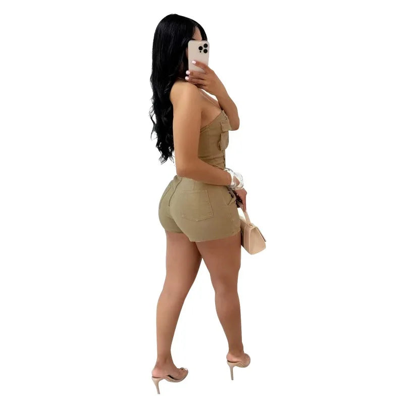 UNIKCOSA™ 2025 Party Strapless Playsuit – Sexy Sleeveless One-Piece Romper with Pockets | Women’s High-Waist Y2K Streetwear Outfit