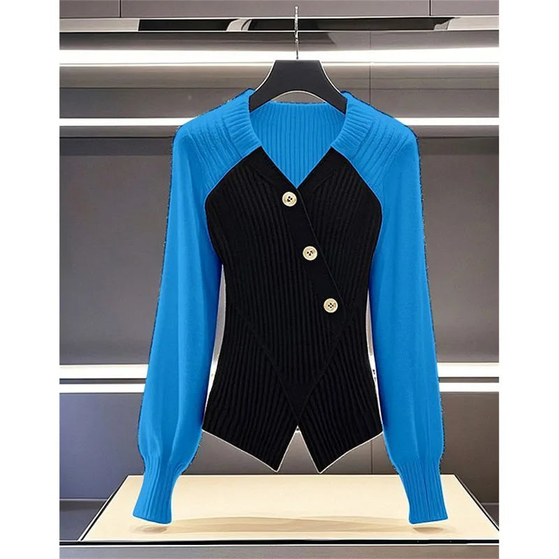 UNIKCOSA’s 2025 Color Block Knit Sweater — Slim Long-Sleeve Pullover Top