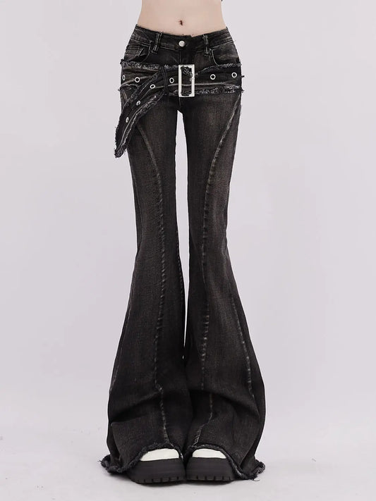 UNIKCOSA’s Retro Micro-Flare Jeans — Slim Straight Pants with Belt & Bristled Detail