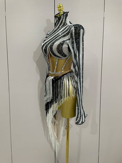 UNIKCOSA’s 2025 Diamond Sequin Tassel Set — Mesh Long-Sleeve Crop Top + Skirt Party Glam