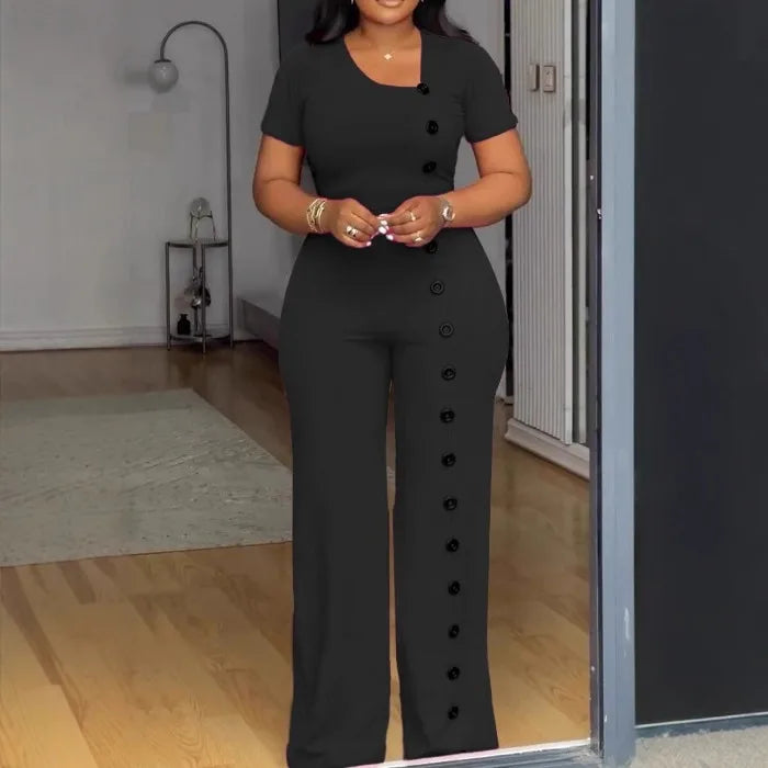 UNIKCOSA™ 2025 Summer Elegant Jumpsuit – Short Sleeve Button-Up Wide-Leg One-Piece | Women’s Solid Color Romper for Parties & Events