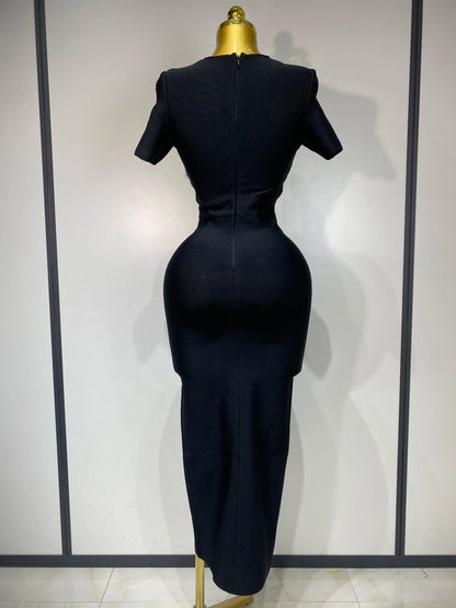 UNIKCOSA’s 2025 Black Cut-Out Gown — Short Sleeve Bodycon Bandage Long Dress