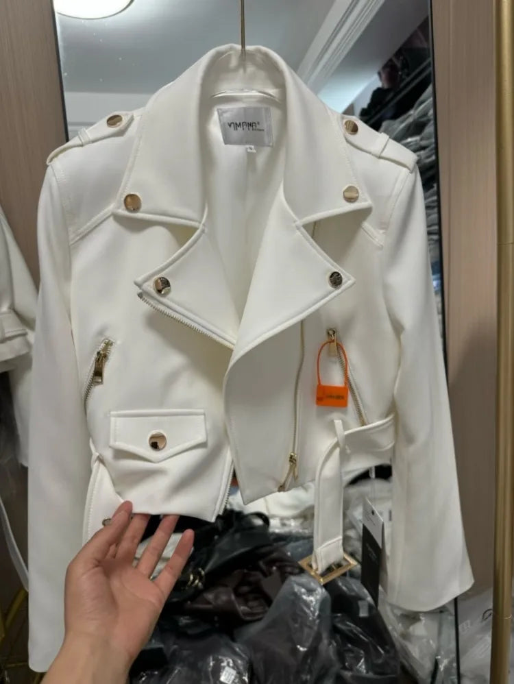 UNIKCOSA’s 2025 White Moto Jacket — Notched Collar Slim-Fit Y2K Coat