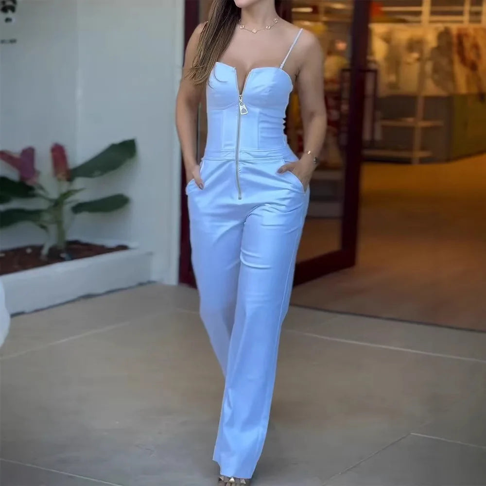 UNIKCOSA™ 2025 Summer Elegant Jumpsuit – Women’s Slim Fit Sleeveless Camisole with Pockets | Solid Y2K Streetwear Body Pants