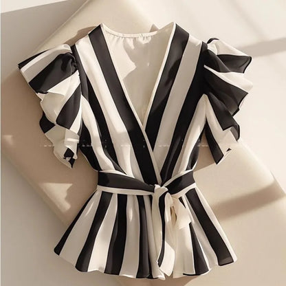 UNIKCOSA’s 2025 Striped Ruffle Blouse — V-Neck Slim-Fit Vintage Top