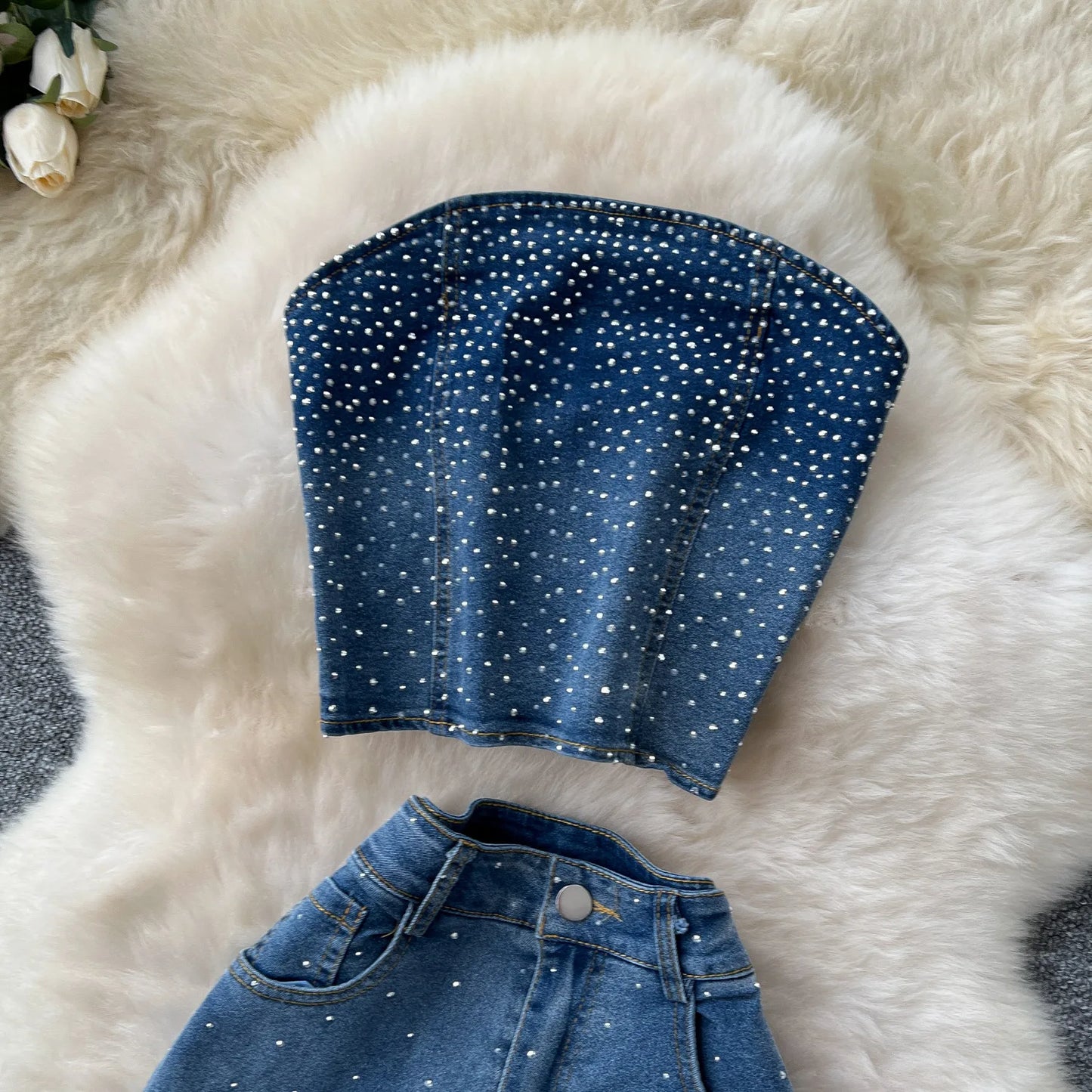 UNIKCOSA™ Diamond Denim 2-Piece Set – Sleeveless Crop Top & High-Waist Flare Pants | Sexy Slim Fit Women’s Matching Outfit