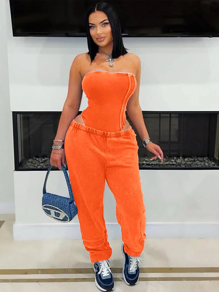 UNIKCOSA’s 2025 Strapless Tracksuit Set — Cotton Washed Bodysuit + Jogger Pants