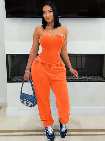 UNIKCOSA’s 2025 Strapless Tracksuit Set — Cotton Washed Bodysuit + Jogger Pants