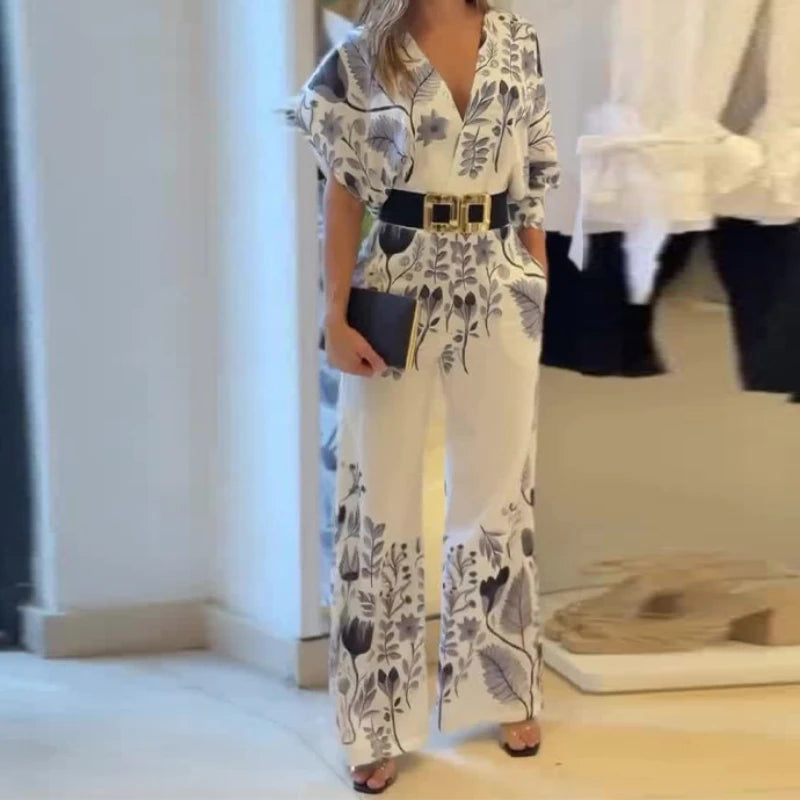 UNIKCOSA™ 2025 Elegant Printed Jumpsuit – Sexy V-Neck Backless Straight-Leg One-Piece | Women’s Casual Fashion Overalls