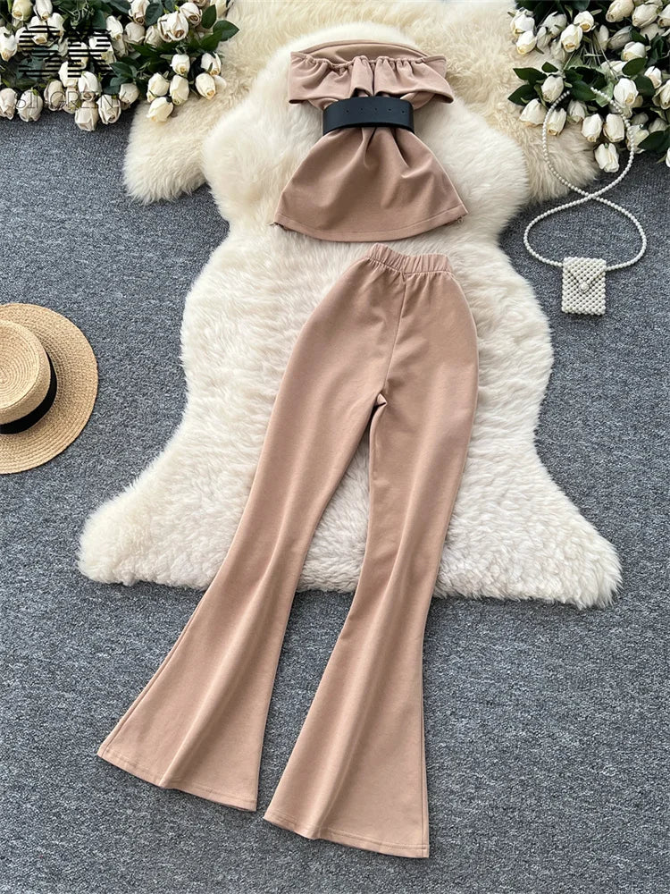 UNIKCOSA’s High Street 2-Piece Set — Off-Shoulder Zip Top + Belted Pants