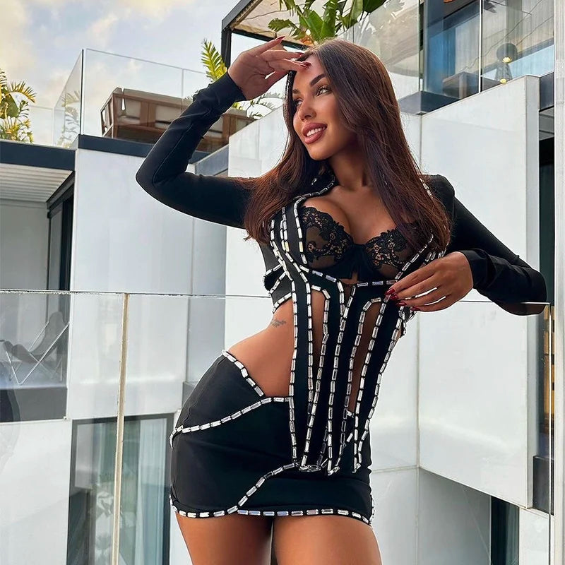 UNIKCOSA’s Crystal 2-Piece Bandage Set — Long Sleeve Crop Top + Bodycon Mini Skirt Party Outfit