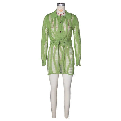 UNIKCOSA™ 2025 Summer Knitted Skirt Set – Sexy Hollow Long-Sleeve Collar Top & Mini Skirt | Women’s Streetwear Matching Outfit