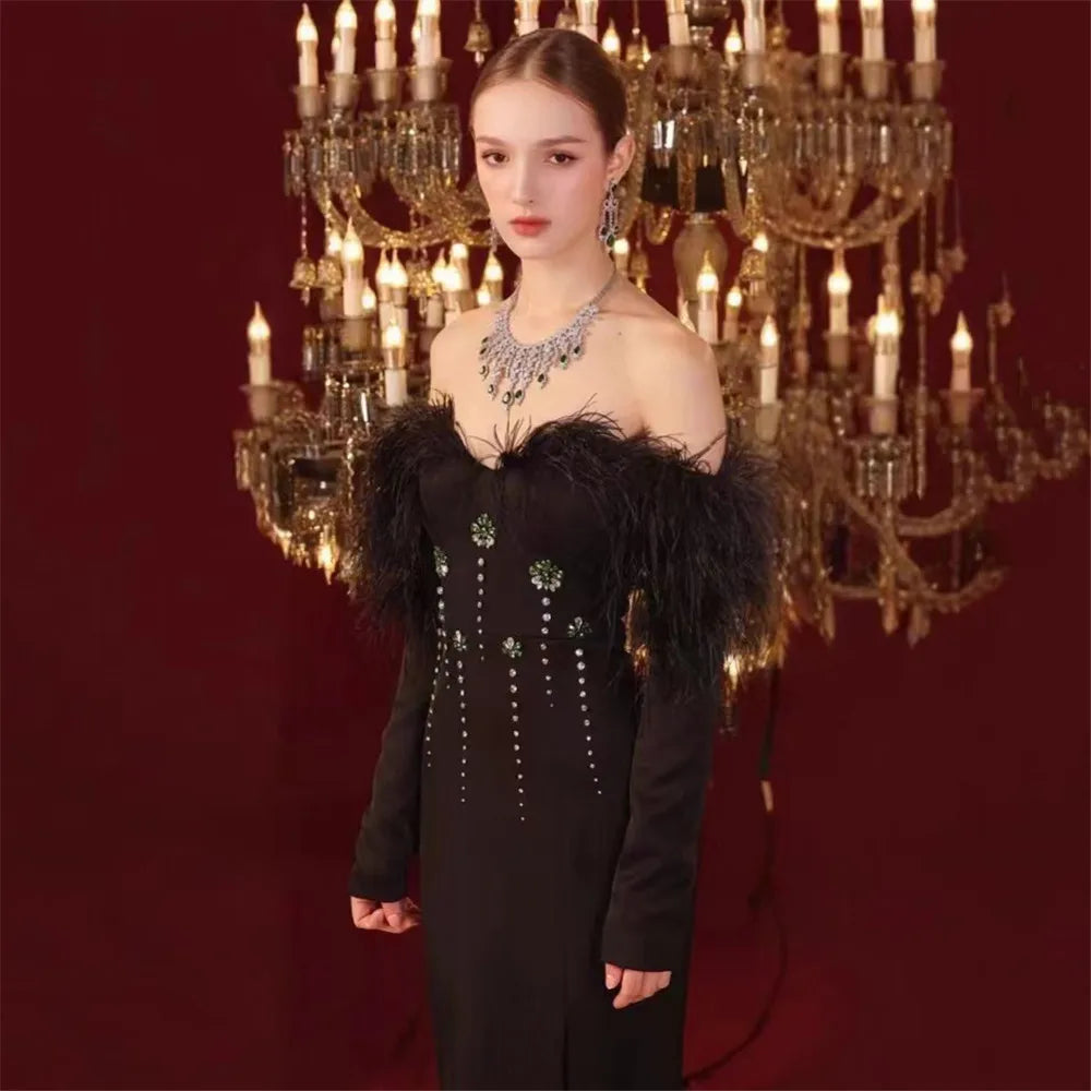 UNIKCOSA’s Feather Crystal Off-Shoulder Gown — Long Sleeve Bodycon Bandage Evening Elegance