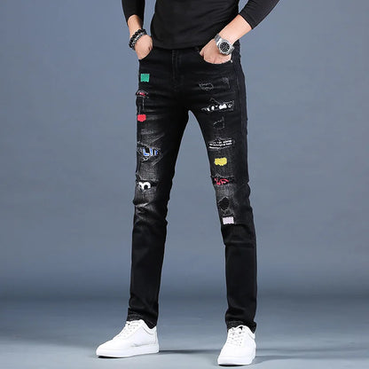 UNIKCOSA Men’s Ripped Embroidered Jeans – Slim Fit Black Patchwork Denim Casual Pants (Summer Thin Edition)