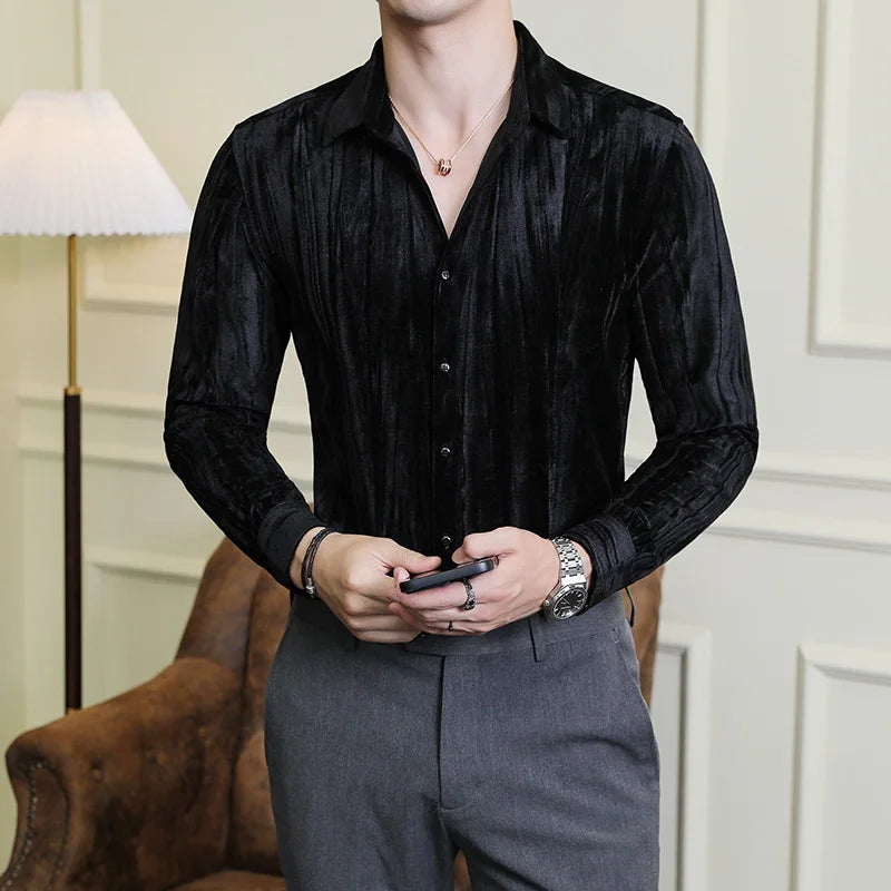 UNIKCOSA Men’s Luxury Velvet Grid Shirt – Slim Fit Long Sleeve Autumn/Winter 2025