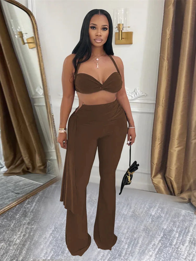 UNIKCOSA™ Chic 2-Piece Halter Set – Backless Knot Camisole & Metal Ribbon Flare Pants | Women’s Sexy Summer Outfit