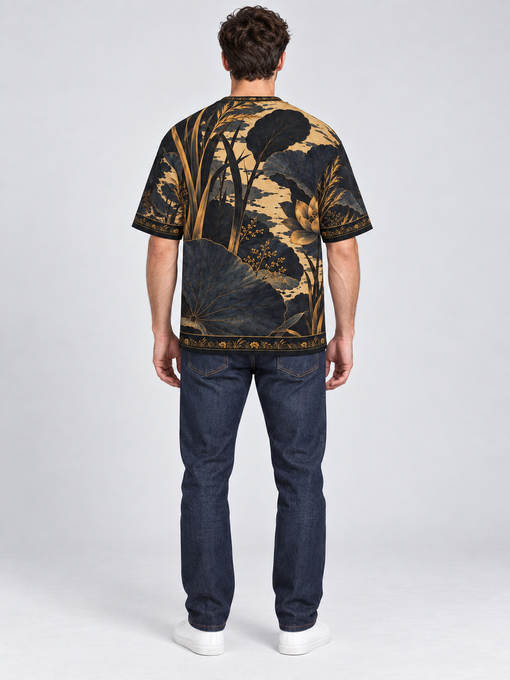 Midnight Lotus oversized cotton T-shirt back with indigo denim — AI-generated model styling illustration