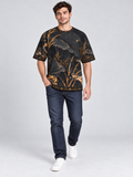 Midnight Lotus oversized cotton T-shirt campaign with indigo denim — AI-generated model styling illustration
